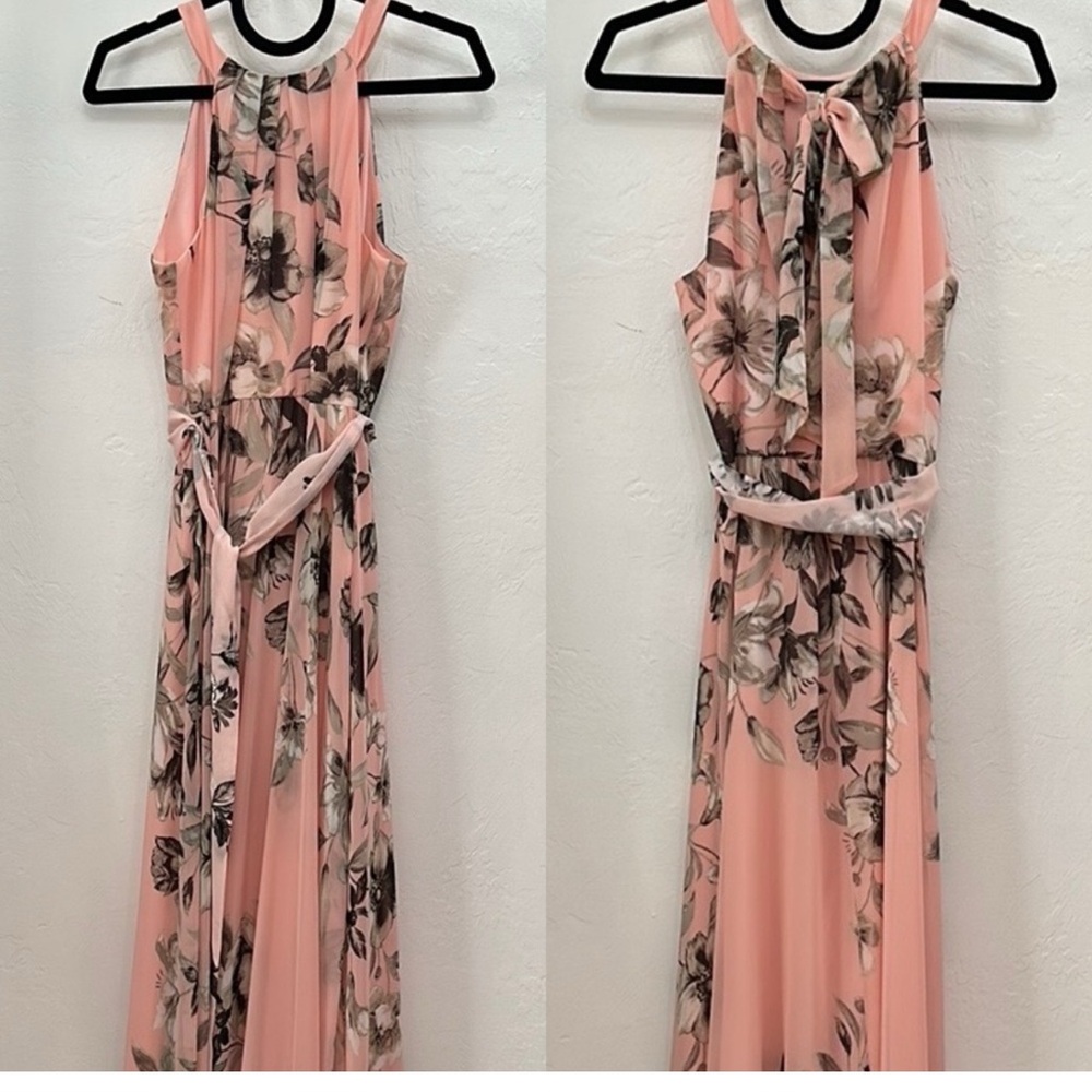 Eliza J Pleated Halter Neck Belted Pink Floral Fully Lined A-line Maxi Dress